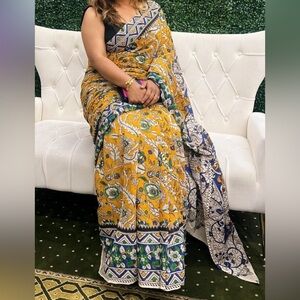 Vibrant Yellow and Blue Floral Sari